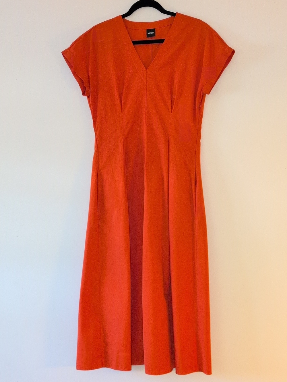 ASPESI Orange 100% Cotton Midi Dress with V-Neck And Pockets